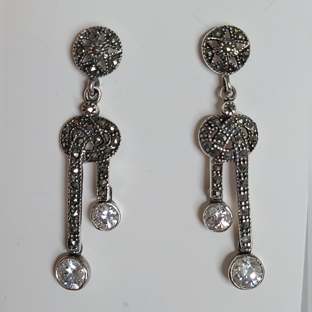 Vintage Sterling Silver Art Deco Marcasite Crystal Drop Dangle Long Earrings